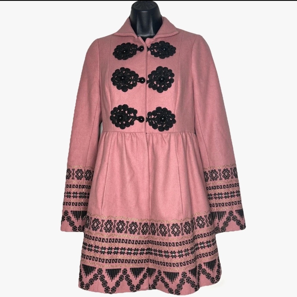Anthropologie 2 Elimovna Coat Wool blend PLENTY Tracy Reese Pink Embroidered
